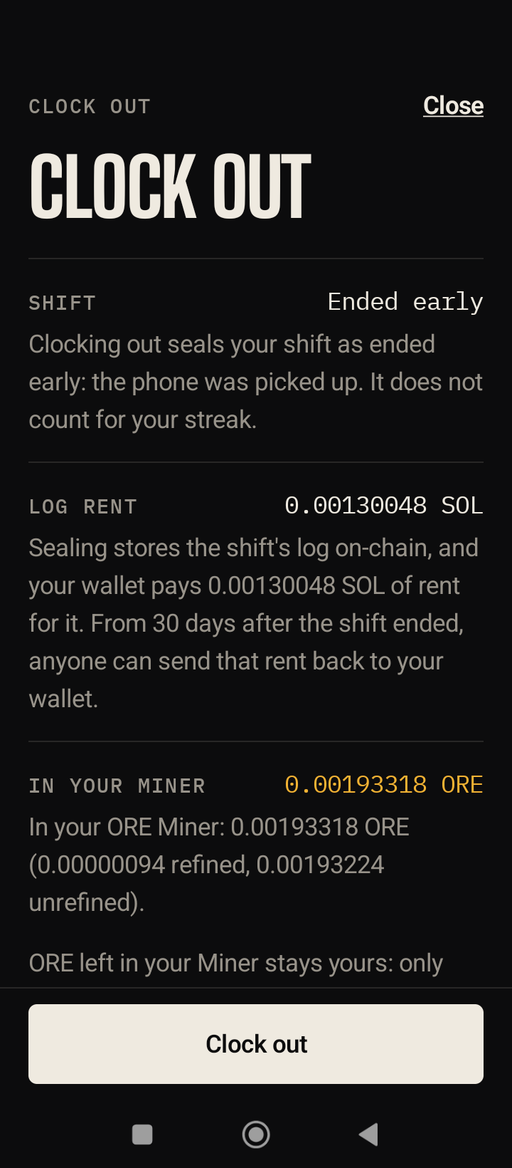 The clock-out sheet on the Redmi 14C: the shift ended early, the rent of its log, 0.00193318 ORE in the Miner in gold, and the button Clock out
