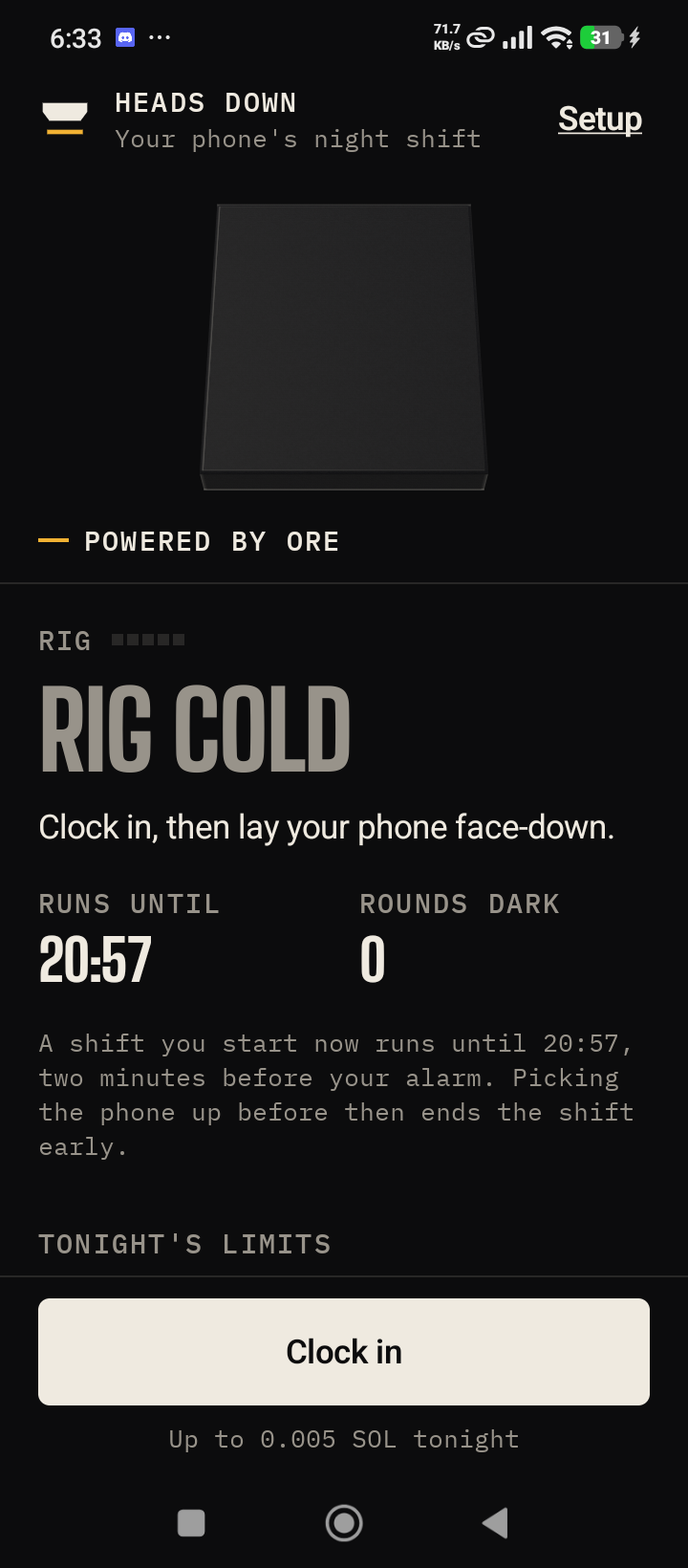 The app's home screen on the Redmi 14C, with the rig cold